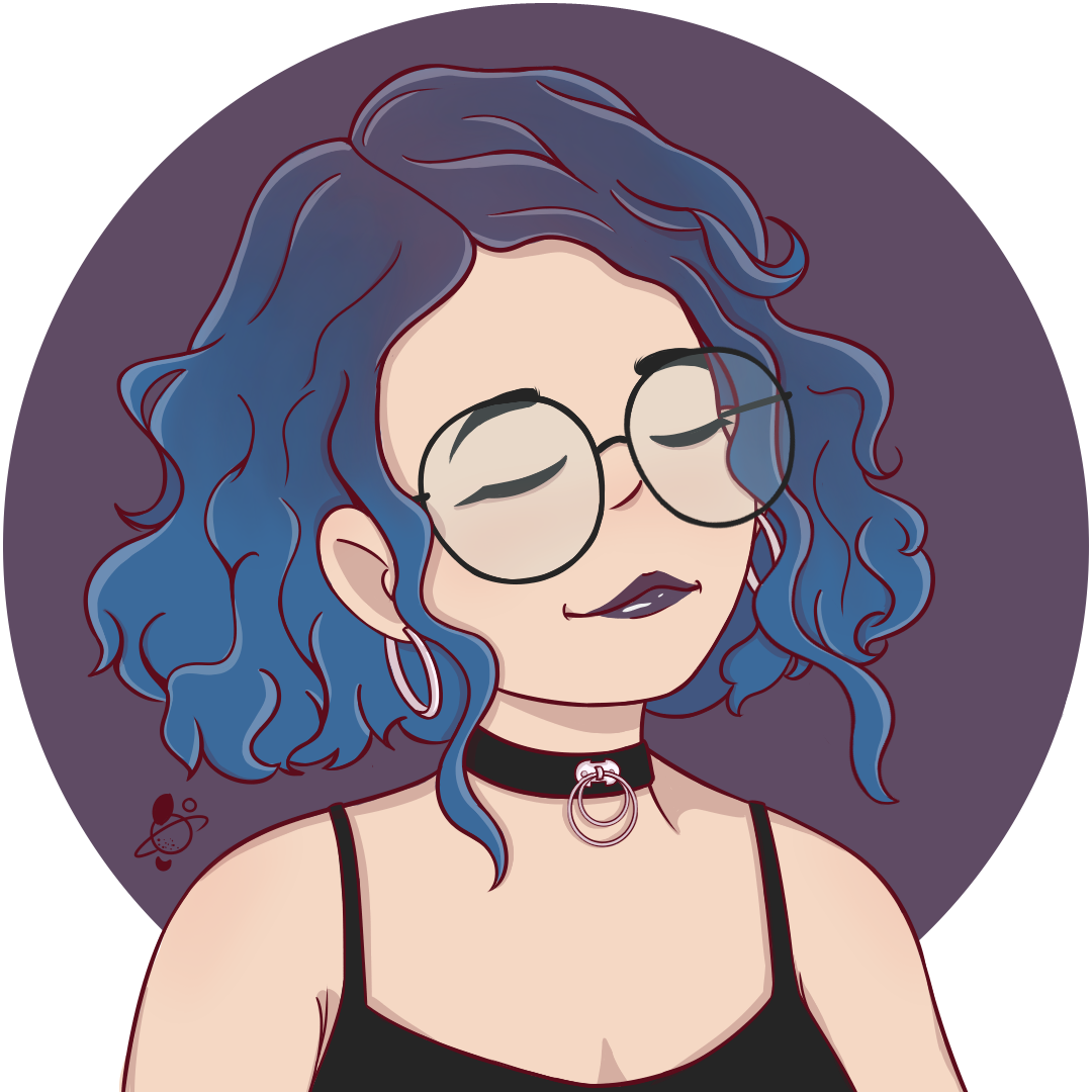 Uma ilustração da Leticia com o cabelo azul. Seu cabelo tem ondas. Ela está com um delineado preto e um batom roxo escuro.
